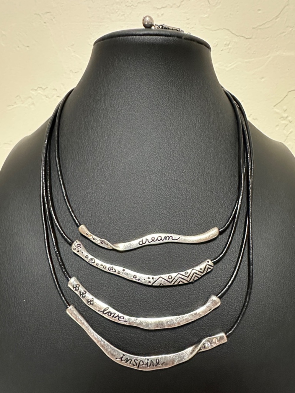 36.  Four Black Cord Dream, Love, Inspire Necklace & Earring Set